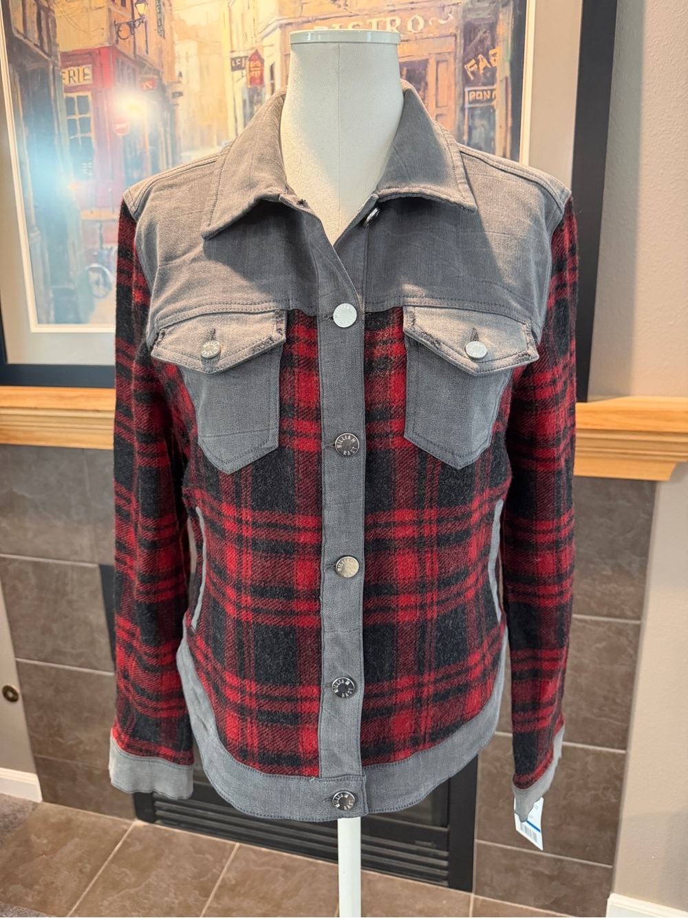 NWT Red & Black Plaid Wool-Blend Jacket with Gray Denim Trim